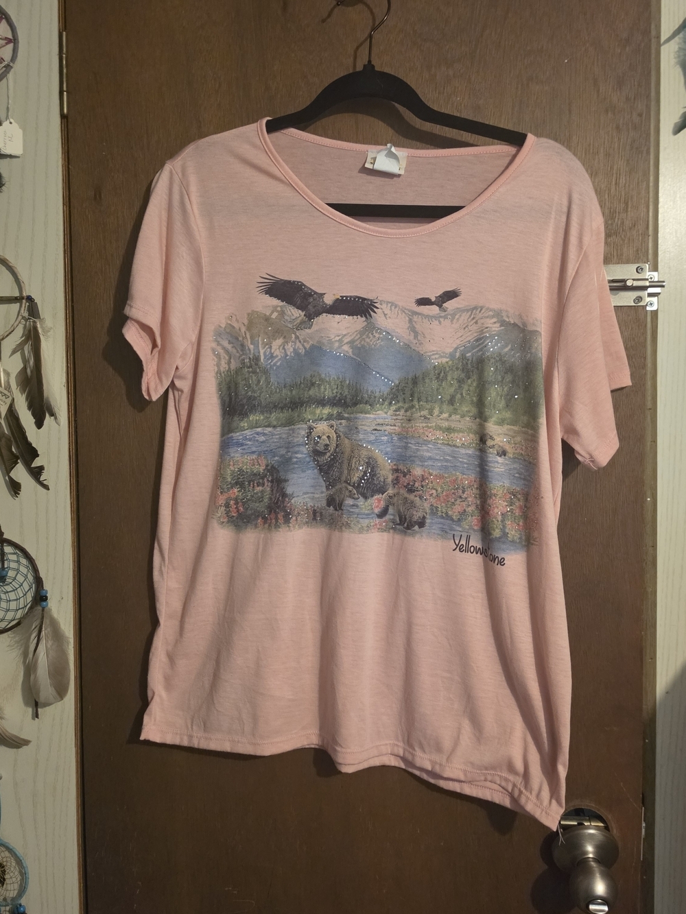 Pink Yellowstone Scenic Bear Short Sleeve Glitter Tee